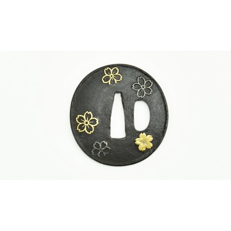 Iron Tsuba, Flower Motif with gold and silver highlights (MGJ105)