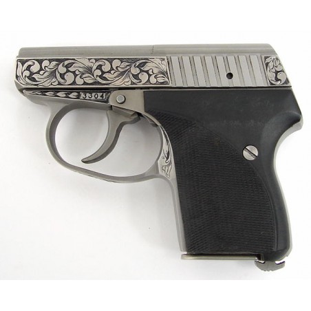 Seecamp LWS 25 .25 ACP caliber pistol. Rare pocket model in .25 caliber. Custom engraved with fancy scroll. (pr8655)