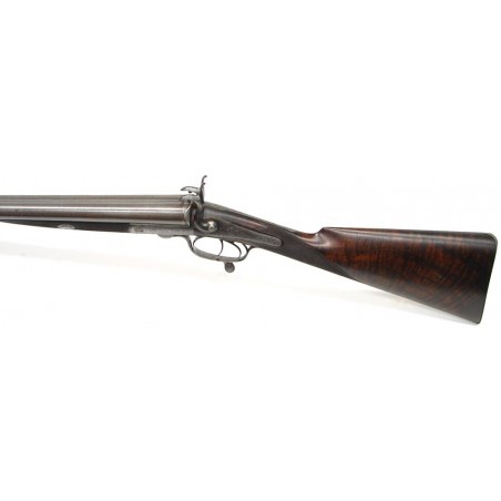 English Double Barrel Pinfire 10 gauge shotgun by Walker from Purdeys. Excellent damascus pattern on barrel. (s2613)