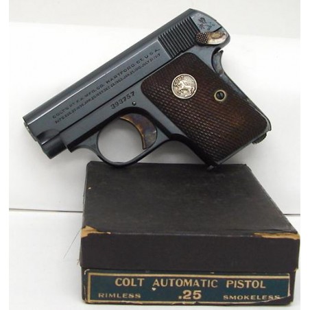 Colt 1908 .25 ACP caliber pistol. Pre-war model 1908 manufactured in 1932 with matching box. Near mint condition. (c4547)