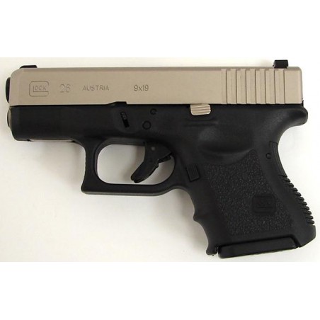 Glock 26 9mm Para caliber pistol. Sub-compact model with custom nickel finish and night sights (inserts are dim). (pr10114)