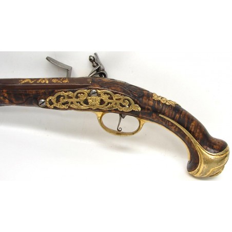 German Horsemans Flintlock pistol with initials F.D. on lock and rootwood stock. Lockplate has hounds and sword wielding rider c (ah1955)