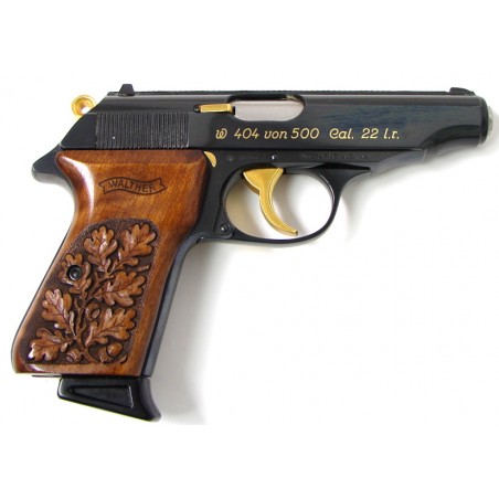 Walther PP .22LR caliber pistol. 50th anniversary limited edition. Made in 1979 with gold decorations and carved grips and prese (PR15059)