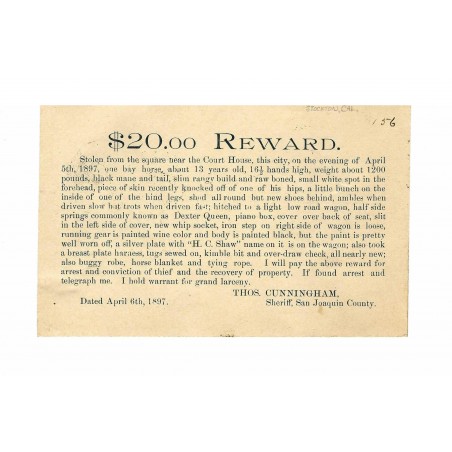 $20.00 REWARD card for a horse and buggy stolen on April 5th 1897 (WEC127)