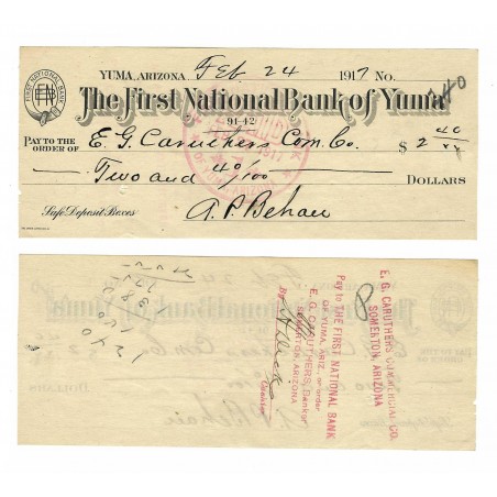 Antique First National Bank of Yuma Check for $2.40 Dated 1917 to Carruthers (WEC189)